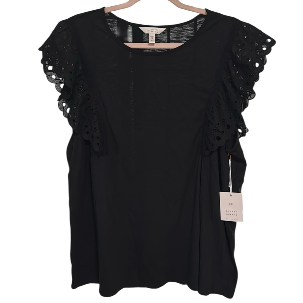 Lauren Conrad Eyelet Ruffle Short Sleeve Black Top Tee 100% Cotton NWT Size 1x - Picture 3 of 10